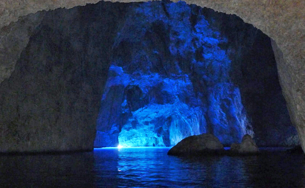 The vast and incredible Blue Grotto on the Greek island of Kastellorizo opposite Kas