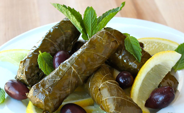 Grape leaves stuffed with fragrant rice, pine nuts and currants
