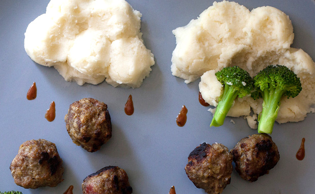 Meatball rain with broccoli and mashed potato clouds